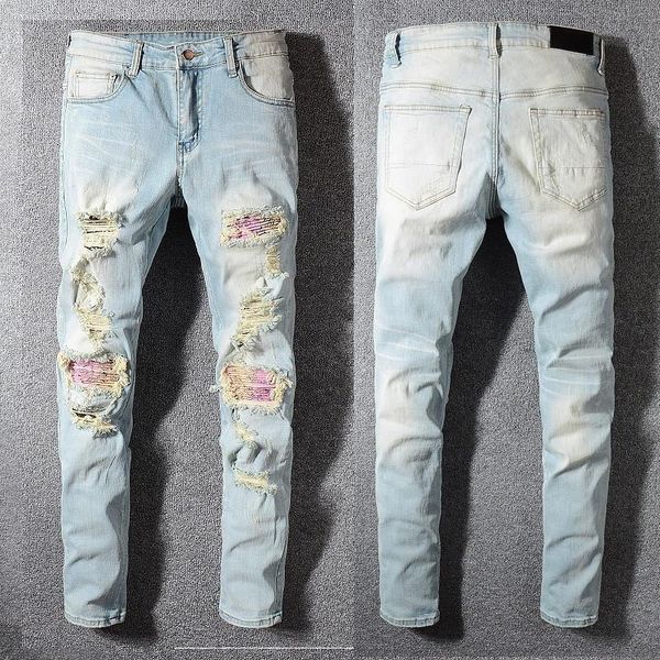 men's patchwork bandanna paisley printed biker jeans light blue holes ripped skinny stretch denim pants trousers
men's patchwork bandanna paisley printed biker jeans light blue holes ripped skinny stretch denim pants trousers