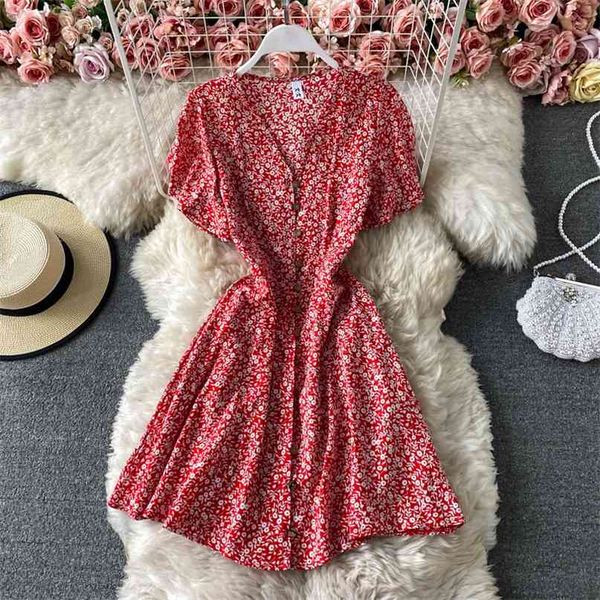 casual women short sleeve summer dress boho style floral print mini v-neck single breasted a-line party holidays sundress 210603, Black;gray