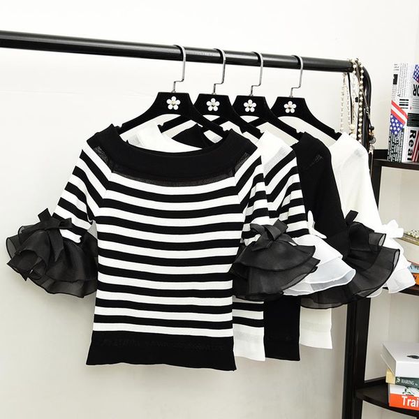 women's fashion slash neck striped t shirts girl knitted patchwork chiffon t-shirt crop for female, White
women's fashion slash neck striped t shirts girl knitted patchwork chiffon t-shirt crop for female, White