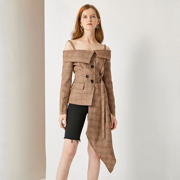 women's jackets long sleeve strapless irregular button check sling slash neck 2021 autumn fashion waist slimming suit jacket, Black;brown
women's jackets long sleeve strapless irregular button check sling slash neck 2021 autumn fashion waist slimming suit jacket, Black;brown