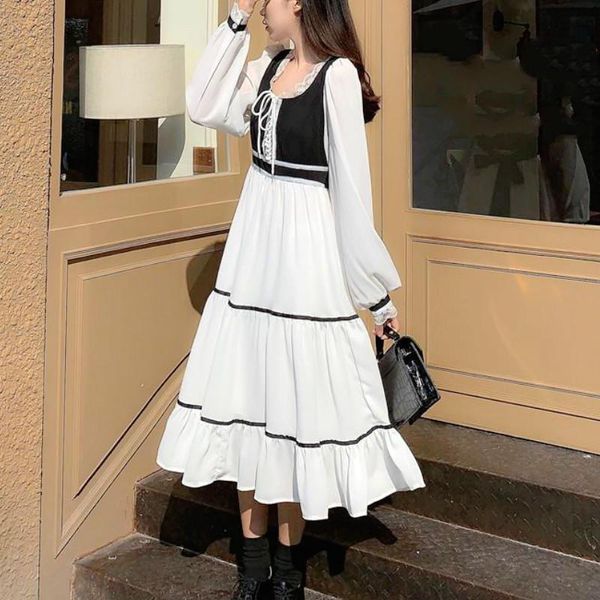 casual dresses patchwork fairy dress women autumn elegant chiffon sweet party female kawaii bandage korean fall 2021 clothing, Black;gray
casual dresses patchwork fairy dress women autumn elegant chiffon sweet party female kawaii bandage korean fall 2021 clothing, Black;gray