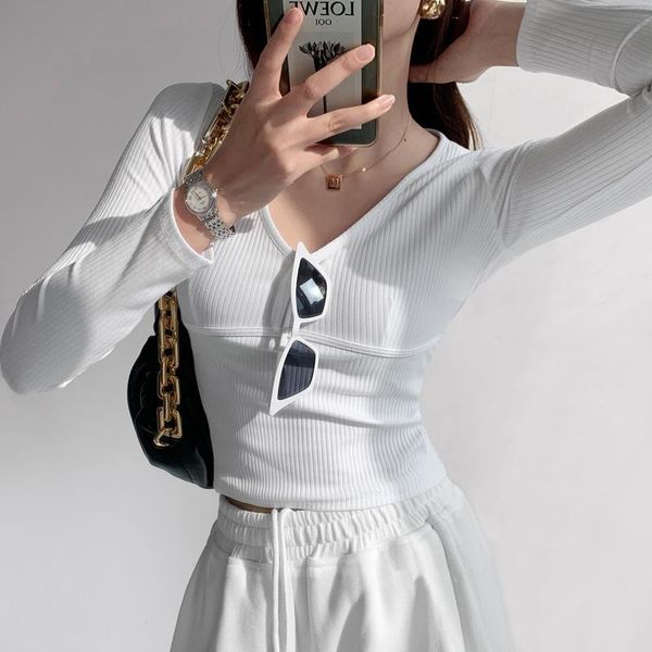 women's t-shirt women long sleeve slim fit crop with bust seam v neck rib top, White
women's t-shirt women long sleeve slim fit crop with bust seam v neck rib top, White