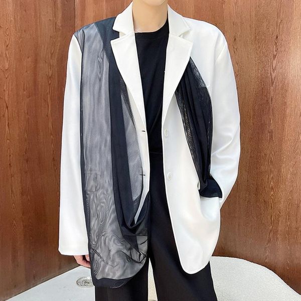 men's suits & blazers niche design personalized mesh splicing suit coat 2021 autumn fashion silhouette contrast color blazer single bre, White;black
men's suits & blazers niche design personalized mesh splicing suit coat 2021 autumn fashion silhouette contrast color blazer single bre, White;black