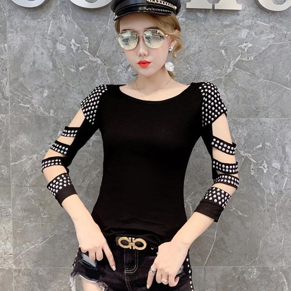 women's t-shirt women three quarter sleeve 2021 arrival summer slim hollow out diamond female korean style black c47, White 
women's t-shirt women three quarter sleeve 2021 arrival summer slim hollow out diamond female korean style black c47, White