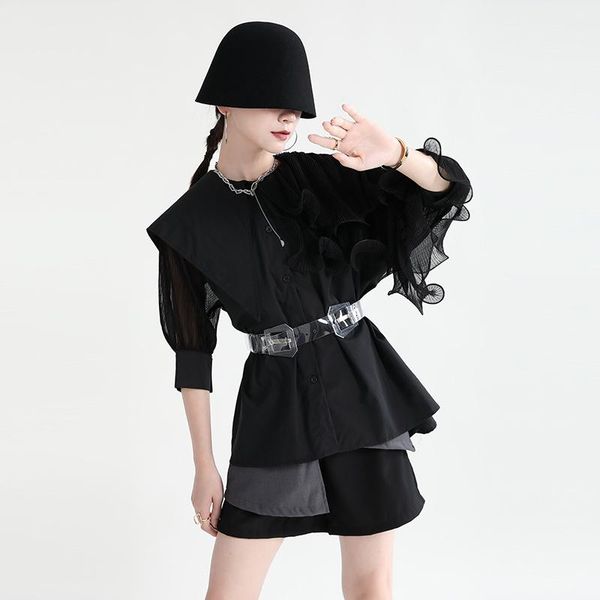 women's blouses & shirts 2021 summer lapel crease roll ruffle blouse women irregular stitching loose short sleeved shirt with belt, White
women's blouses & shirts 2021 summer lapel crease roll ruffle blouse women irregular stitching loose short sleeved shirt with belt, White
