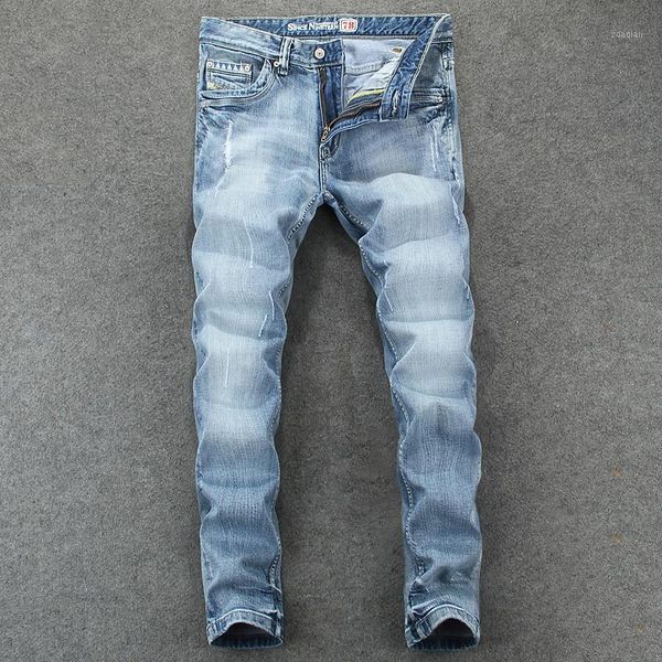 men's jeans european american vintage fashion men retro light blue elastic slim fit ripped korean style denim pencil pants 
men's jeans european american vintage fashion men retro light blue elastic slim fit ripped korean style denim pencil pants