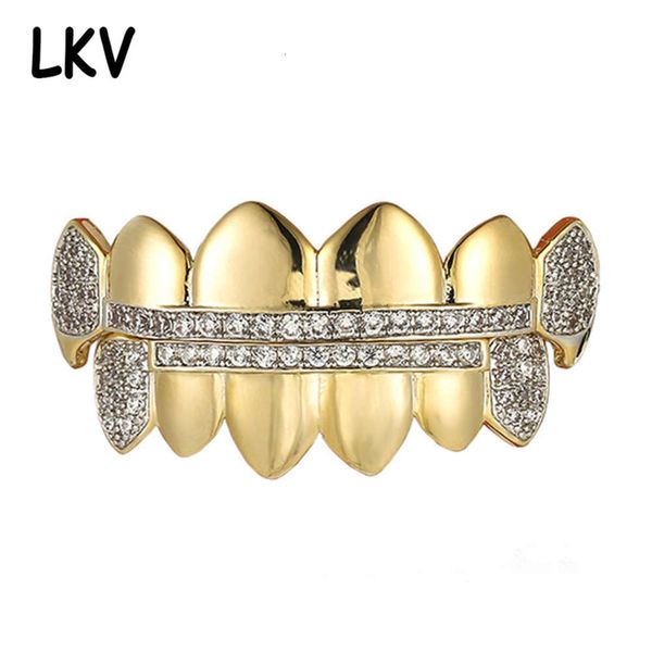 new hip hop dress up 18k plated full zircon fangs gold braces, Silver 
new hip hop dress up 18k plated full zircon fangs gold braces, Silver