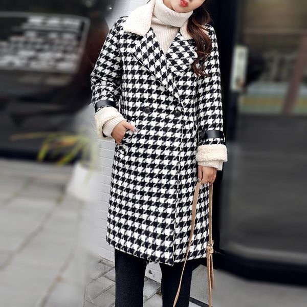 women's wool & blends coat houndstooth women elegant double-breasted lapel collar sashes pocket plaid loose autumn winter holiday stitc, Black
women's wool & blends coat houndstooth women elegant double-breasted lapel collar sashes pocket plaid loose autumn winter holiday stitc, Black