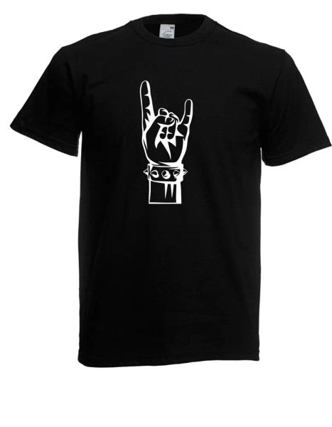 mens t-shirt rock and roll or heavy metal hand sign size up to 5xl, White;black 
mens t-shirt rock and roll or heavy metal hand sign size up to 5xl, White;black