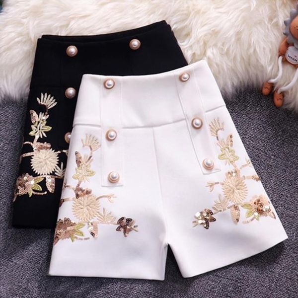 summer fashion double breasted womens shorts high waist embroidered wide leg trousers, White;black
summer fashion double breasted womens shorts high waist embroidered wide leg trousers, White;black