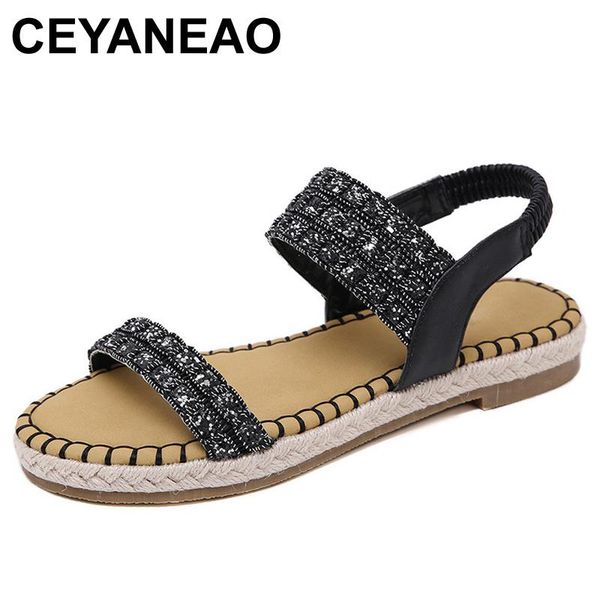women sandals 2021 summer bling shoes sweet ladies beach woman flat sandal plus size 42, Black