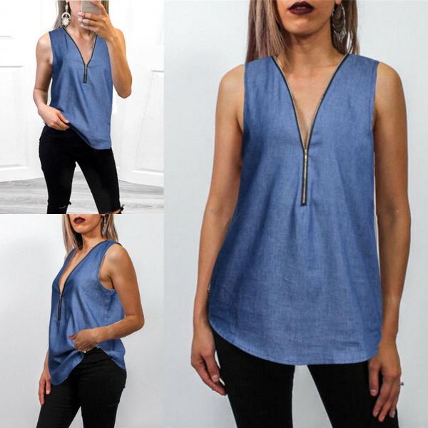 women's blouses & shirts 2021 euroamerican sleeveless v-neck zipper denim woemen shirt summer thin style ladies blue female womens, White
women's blouses & shirts 2021 euroamerican sleeveless v-neck zipper denim woemen shirt summer thin style ladies blue female womens, White