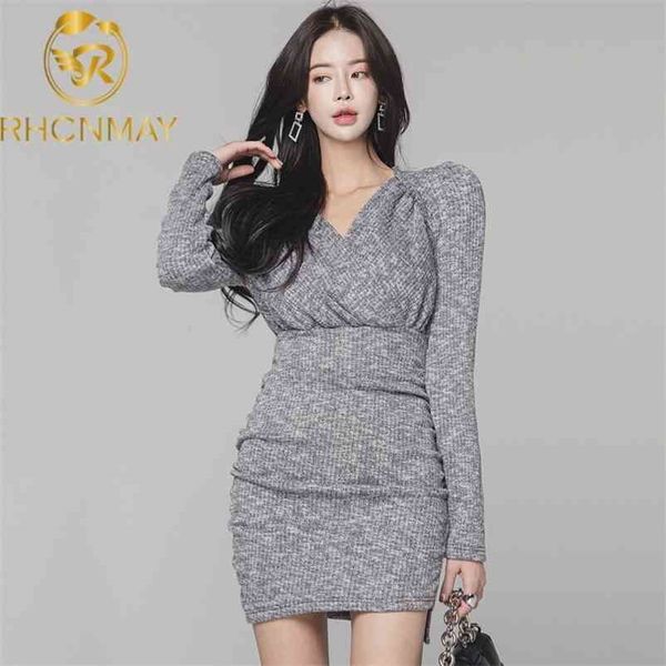 korean women spring autumn long sleeve temperament v-neck knitted sweater dress slim chic mini knit 210520, Black;gray
korean women spring autumn long sleeve temperament v-neck knitted sweater dress slim chic mini knit 210520, Black;gray