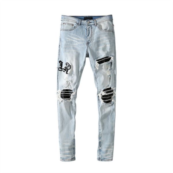 men's jeans light blue pierced matte letter collage european and american high street
men's jeans light blue pierced matte letter collage european and american high street