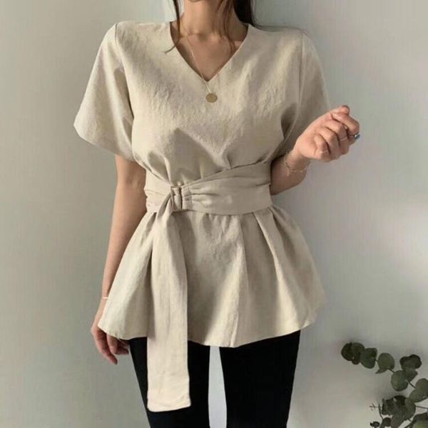 women's blouses & shirts korean designer fashion blouse women summer high waist belted elegant office ladies v-neck linen short sleeve, White
women's blouses & shirts korean designer fashion blouse women summer high waist belted elegant office ladies v-neck linen short sleeve, White