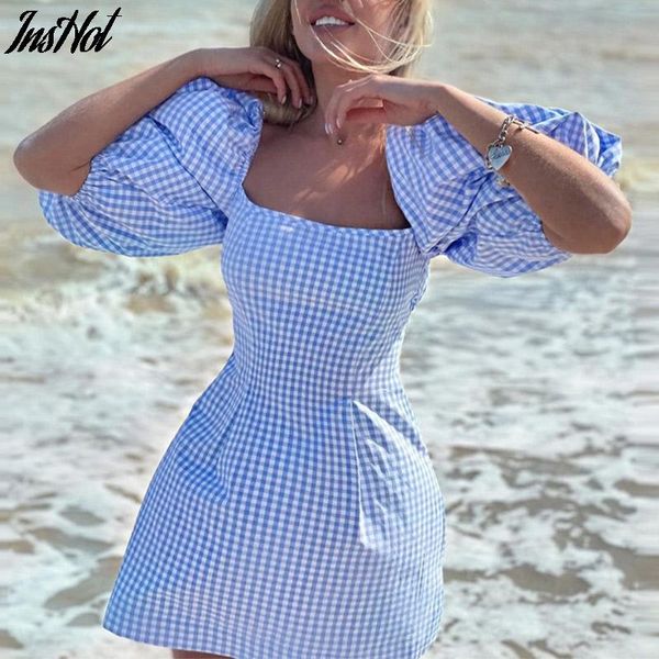 casual dresses women chic backless square collar plaid mini dress elegant short lantern sleeve summer holiday beach sundress 2021, Black;gray
casual dresses women chic backless square collar plaid mini dress elegant short lantern sleeve summer holiday beach sundress 2021, Black;gray