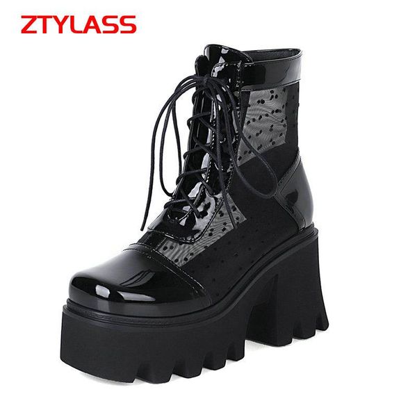 summer breathable mesh boots women patent leather ankle fashion cross ties thick high heel platform shoes, Black
summer breathable mesh boots women patent leather ankle fashion cross ties thick high heel platform shoes, Black