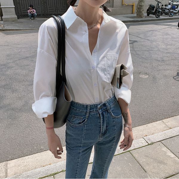 women spring summer ol blouse shirts fashionable solid single breasted casual loose work wear white basic 210421
women spring summer ol blouse shirts fashionable solid single breasted casual loose work wear white basic 210421