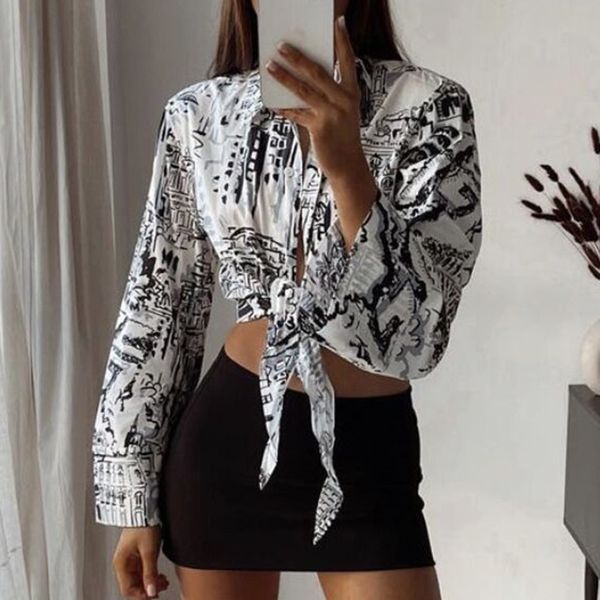 women fashion with knot printed crop blouses lapel long sleeve button female shirts blusas chic 210430, White
women fashion with knot printed crop blouses lapel long sleeve button female shirts blusas chic 210430, White