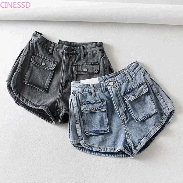 denim shorts women summer 2021 button pockets ladies bottoms korean casual wide leg pants clothing women's jeans, Blue