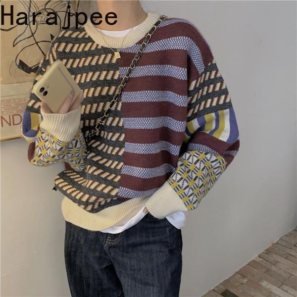 women's sweaters harajpee vintage pullover loose sweater contrast color stripe autumn 2021 design long sleeve round neck fashion, White;black
women's sweaters harajpee vintage pullover loose sweater contrast color stripe autumn 2021 design long sleeve round neck fashion, White;black