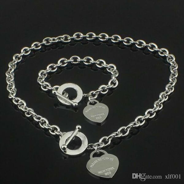 

sell birthday christmas brand luxury designer necklace plus bracelet set wedding statement jewelry heart pendant necklaces bangle sets 2 in, Silver