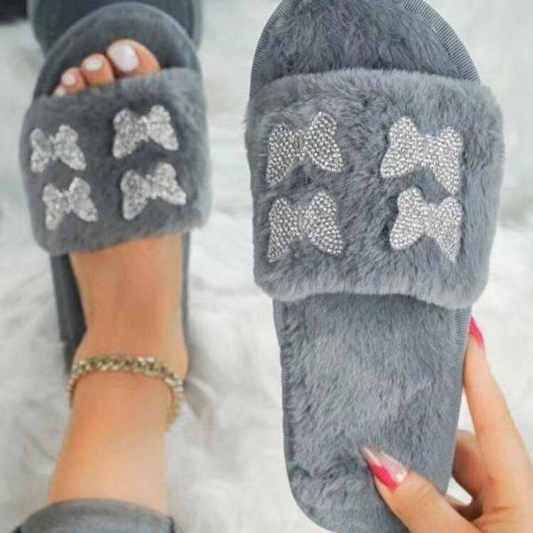 slippers women shoes fluffy indoor faux fur slides rhinestone butterfly flip flop ladies flat home winter casual, Black 
slippers women shoes fluffy indoor faux fur slides rhinestone butterfly flip flop ladies flat home winter casual, Black