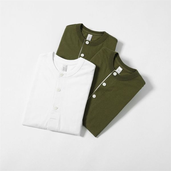 260g white cotton henry collar men's t-shirt short sleeve american khaki loose base shirt, White;black
260g white cotton henry collar men's t-shirt short sleeve american khaki loose base shirt, White;black