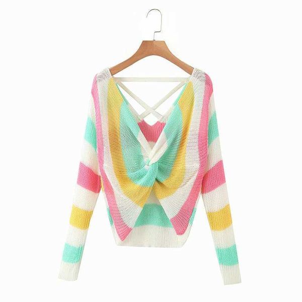 women fashion v neck colorful striped knotted knitting sweater ladies long sleeve thin sweaters chic casual slim s326 210603, White;black
women fashion v neck colorful striped knotted knitting sweater ladies long sleeve thin sweaters chic casual slim s326 210603, White;black