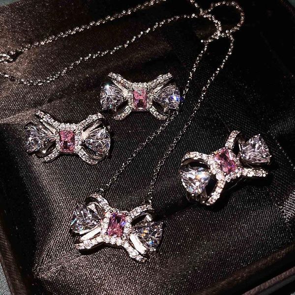 earrings & necklace delicate pink bow pendant shiny crystal zircon charm rings fashion summer jewelry for women wedding birthday, Silver
earrings & necklace delicate pink bow pendant shiny crystal zircon charm rings fashion summer jewelry for women wedding birthday, Silver
