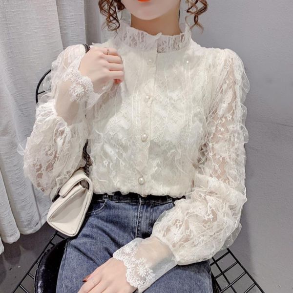 women's blouses & shirts korean style stand collar lace mesh blouse women long sleeve elegant fashion lady solid sweet clothing blusas, White
women's blouses & shirts korean style stand collar lace mesh blouse women long sleeve elegant fashion lady solid sweet clothing blusas, White