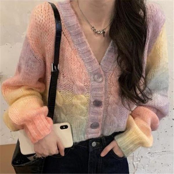 women's knits & tees rainbow color knitted cardigan button up korean cute sweaters cropped women kawaii crop sweater knitting streetwea, White
women's knits & tees rainbow color knitted cardigan button up korean cute sweaters cropped women kawaii crop sweater knitting streetwea, White