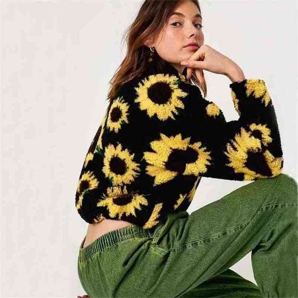 women sunflower print half zip fleece sweatshirt with drawstring hem 210512, Black
women sunflower print half zip fleece sweatshirt with drawstring hem 210512, Black