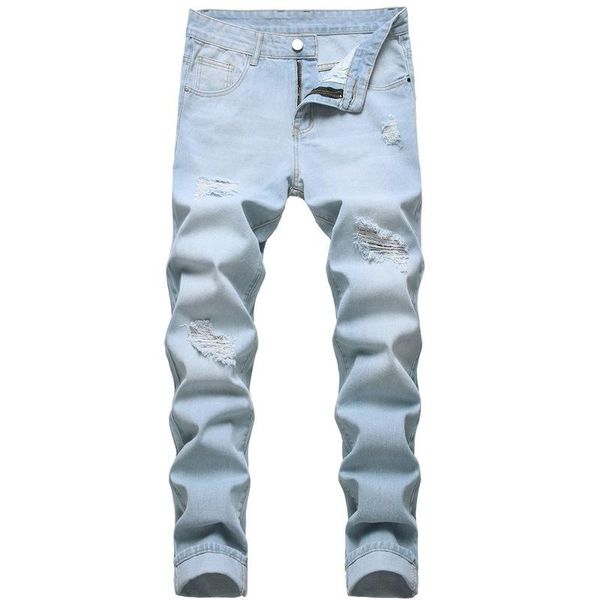 men's jeans 2021 wear holes straight slim european and american foreign trade tattered light-colored stretch pants, Blue
men's jeans 2021 wear holes straight slim european and american foreign trade tattered light-colored stretch pants, Blue