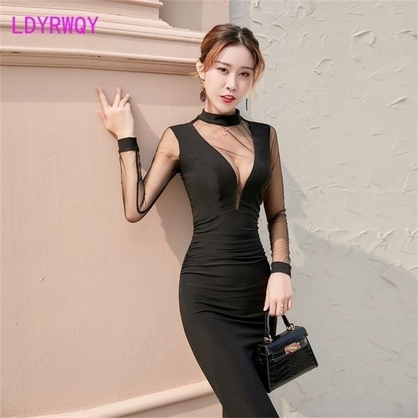 ldyrwqy temperament mesh hollow appeal slim body wraps buttock famous socialite dress 210416, Black;gray