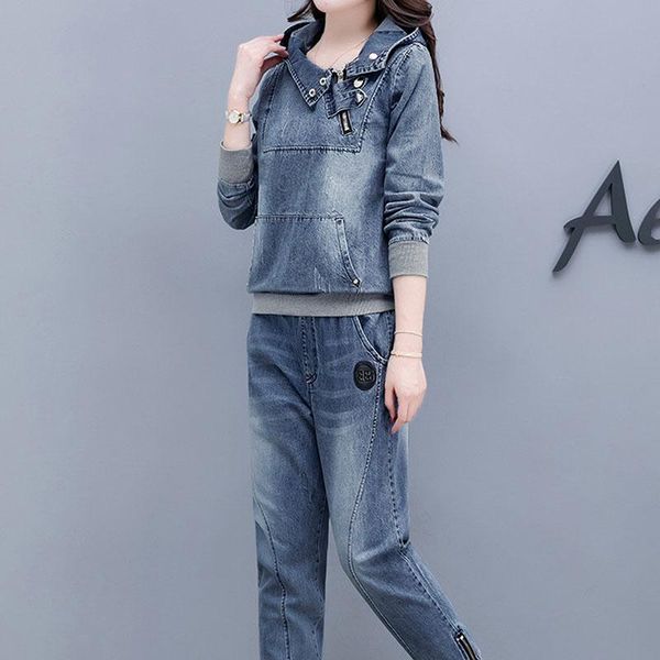 women's tracksuits spring and autumn solid color denim two-piece suit female fashion splicing pullover hooded + nine-point pants ropa, Gray
women's tracksuits spring and autumn solid color denim two-piece suit female fashion splicing pullover hooded + nine-point pants ropa, Gray