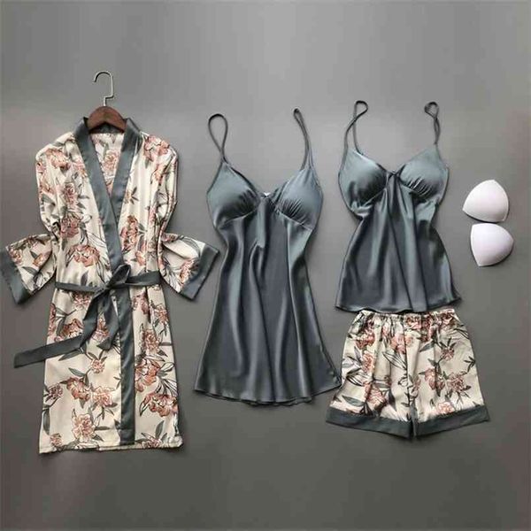 july's song 4 pcs woman pajamas set faux silk satin sleepwear printing summer sling shorts robe for homewear 210809, Black;red
july's song 4 pcs woman pajamas set faux silk satin sleepwear printing summer sling shorts robe for homewear 210809, Black;red