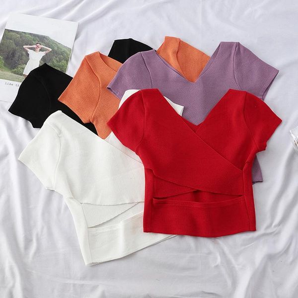women's t-shirt 2021 summer fashion knitting t-shirts female cross-backless short sleeve solid v-neck ladies all-match shown thin, White
women's t-shirt 2021 summer fashion knitting t-shirts female cross-backless short sleeve solid v-neck ladies all-match shown thin, White