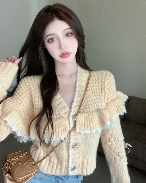 women's knits & tees elegant women knitting long sleeve sweater autumn winter v-neck single breasted ruffles cropped cardigan you1549, White
women's knits & tees elegant women knitting long sleeve sweater autumn winter v-neck single breasted ruffles cropped cardigan you1549, White
