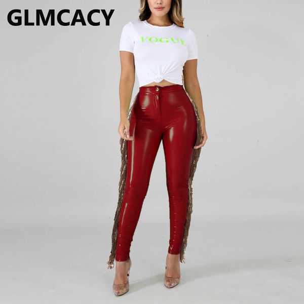 women slim pu leather pants side fringe tassels detail trousers 210702, Black;white