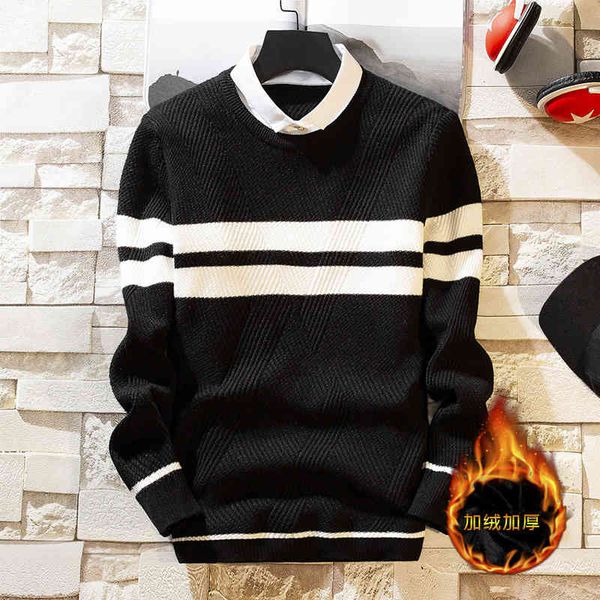 sweater knit men's t shirt winter trend stripe plush thickened warm round neck pullover bottomed wear, White;black
sweater knit men's t shirt winter trend stripe plush thickened warm round neck pullover bottomed wear, White;black