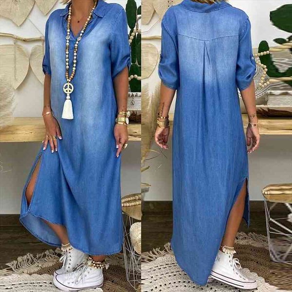 fashion korean plus size denim womens dress summer lapel split long maxi jeans 3xl vestidos, Black;gray
fashion korean plus size denim womens dress summer lapel split long maxi jeans 3xl vestidos, Black;gray