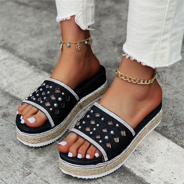 slippers women's summer platform shoes casual ladies hollow thick bottom straw side slides rhinestone simple, Black
slippers women's summer platform shoes casual ladies hollow thick bottom straw side slides rhinestone simple, Black