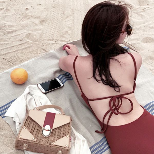 red wine 2021 open women's back bandage shows thin and small chest triangle one-piece bikini spring swimsuit, White;black
red wine 2021 open women's back bandage shows thin and small chest triangle one-piece bikini spring swimsuit, White;black