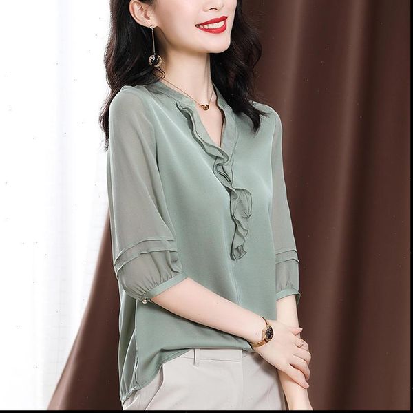 short sleeved ruffled collar loose women blouses fashion v neck five point sleeve stitching simple blouse pullover spring, White
short sleeved ruffled collar loose women blouses fashion v neck five point sleeve stitching simple blouse pullover spring, White