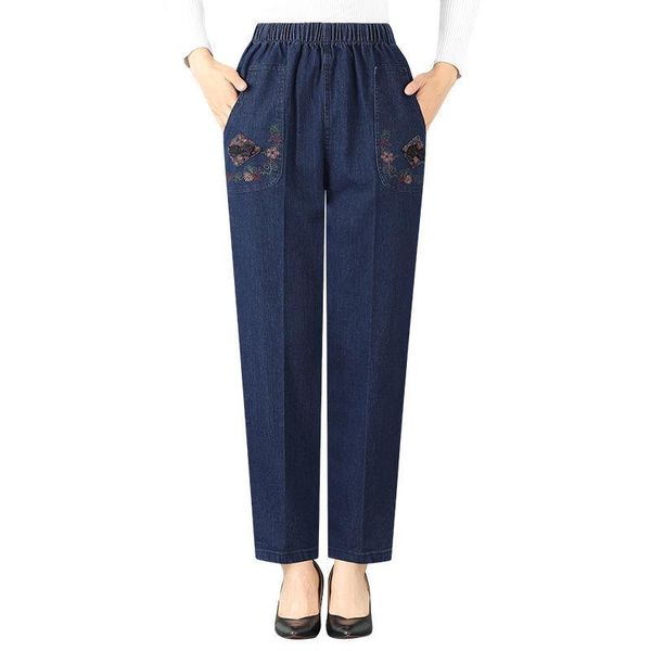 middle-aged women's jeans spring summer high waist embroidery denim pants large size loose female straight casual trousers, Blue 
middle-aged women's jeans spring summer high waist embroidery denim pants large size loose female straight casual trousers, Blue