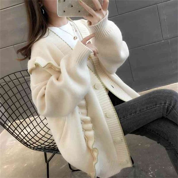 autumn loose solid color long-sleeved ruffled sweater coat female knit cardigan outside the spring and 210427, White;black
autumn loose solid color long-sleeved ruffled sweater coat female knit cardigan outside the spring and 210427, White;black
