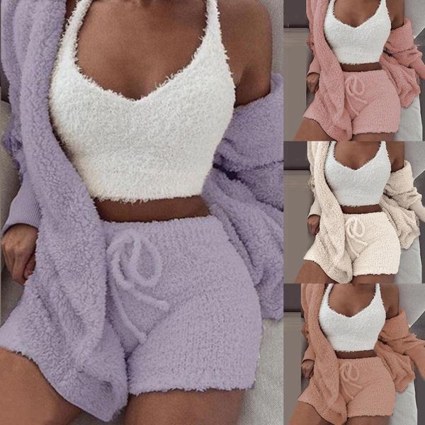 women's shorts winter fur 3 piece vest + coat three-piece suit femme sweatsuit women set and high waist pants home service, White;black
women's shorts winter fur 3 piece vest + coat three-piece suit femme sweatsuit women set and high waist pants home service, White;black