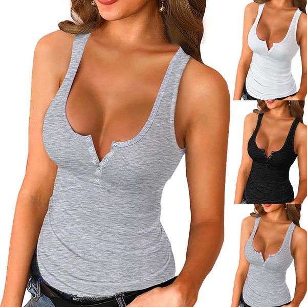fashion t-shirts 2021 summer women's slim fit button sleeveless vest solid color, White
fashion t-shirts 2021 summer women's slim fit button sleeveless vest solid color, White