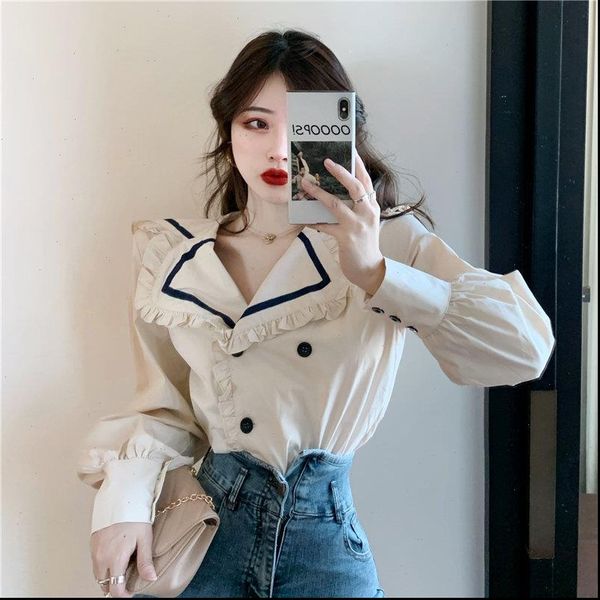 hzirip women shirt french style all match sailor collar ruffles sweet casual cotton loose chic fresh shirts, White
hzirip women shirt french style all match sailor collar ruffles sweet casual cotton loose chic fresh shirts, White